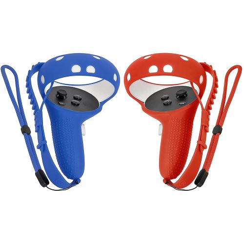 Tomsin Touch Controller Grip Cover for Oculus Quest 2, Anti-Throw Handle Silicone Sleeve Oculus Quest 2 Accessories with Adjustable Wrist Knuckle Strap (Left Blue and Right Red)