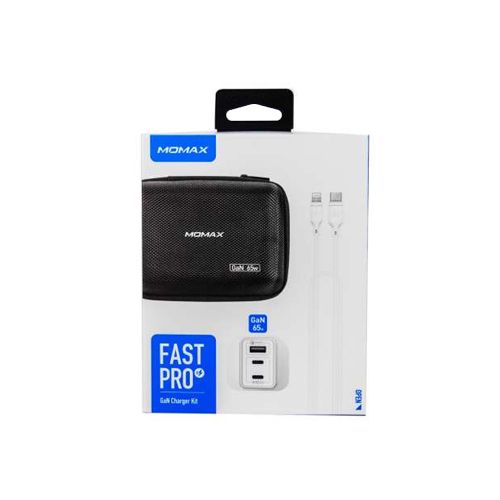 Momax Fast Pro Gan Charger Kit (Carrying Case + 65w 3port Uk Plug + Lightning to Type-c Cable ) - White