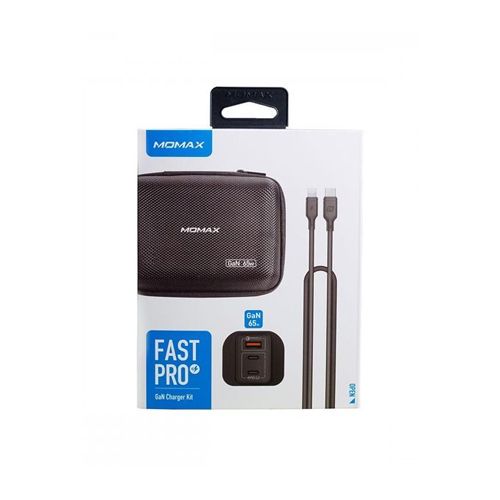 Momax Fast Pro Gan Charger Kit (Carrying Case + 65w 3port Uk Plug + Lightning to Type-c Cable ) - Black