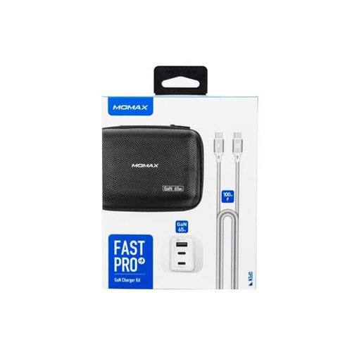 Momax Fast Pro Gan Charger Kit (Carrying Case + 65w 3port Uk Plug + Type-C to Type-C Cable ) - White