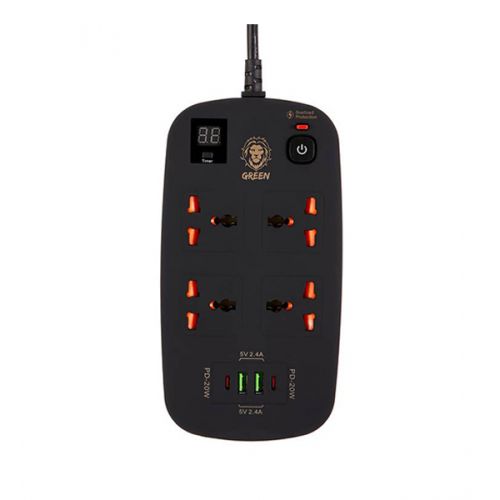 Green 4 AC 2 USB & 2 USB-C PD 40W Multiport Smart Power Socket 3500W 3M - Black