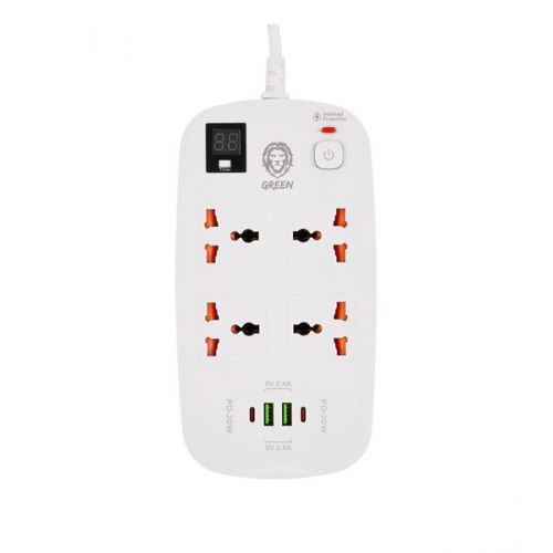 Green 4 AC 2 USB &amp; 2 USB-C PD 40W Multiport Smart Power Socket 3500W 3M-White