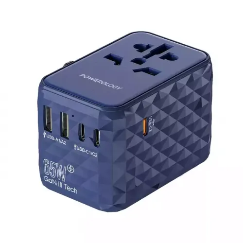 Powerology Universal Multi-port Travel Adapter Pd 65w ( 3x Type-c / 2x Usb-a Ports ) - Blue