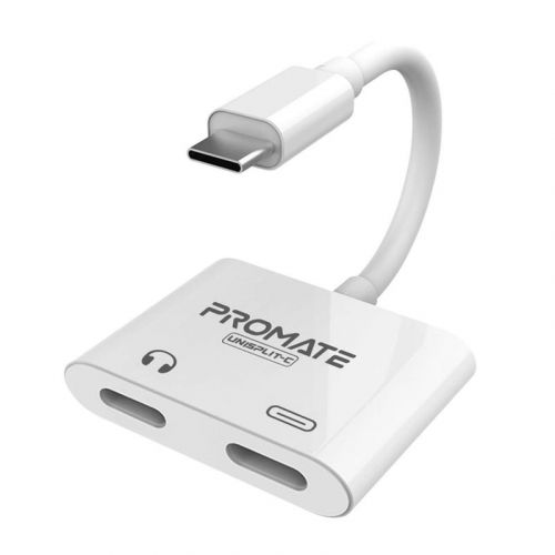 PROMATE UniSplit-C 2-in-1 Audio & Charge USB-C Adapter - White