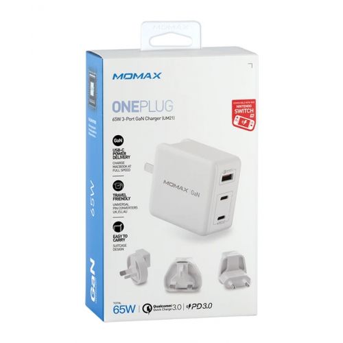 Momax ONEPlug 3-Port GaN Fast Charger 65W Ultra-Lightweight Universal (UM21) - White