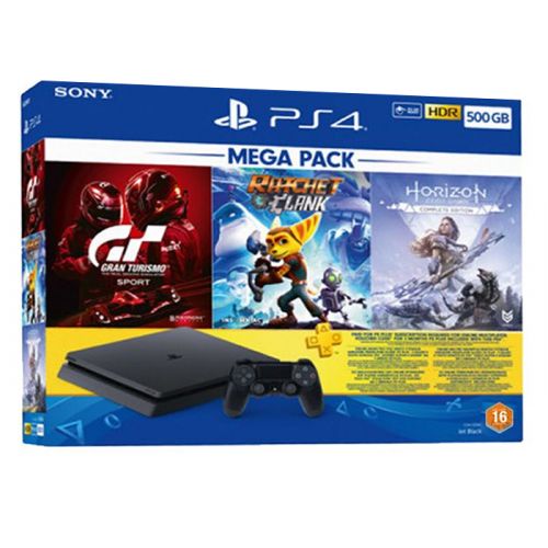 Sony Playstation 4 Slim 500GB Console - Black  3Games (Gran Turismo R2 /Horizon Zero Dawn R2/ Ratchet Clank R2) 3 Month PS Plus Kuwait Bundle