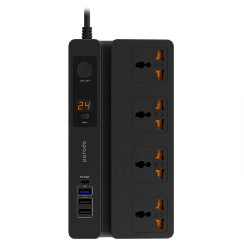 Porodo Multi-Function Power Socket - 3 USB-A and 1 USB-C PD 35W output - Black