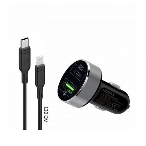 MOMAX 2 IN 1 USB-C PD Car Fast Charger 20W with Lightning To USB C Cable - Black