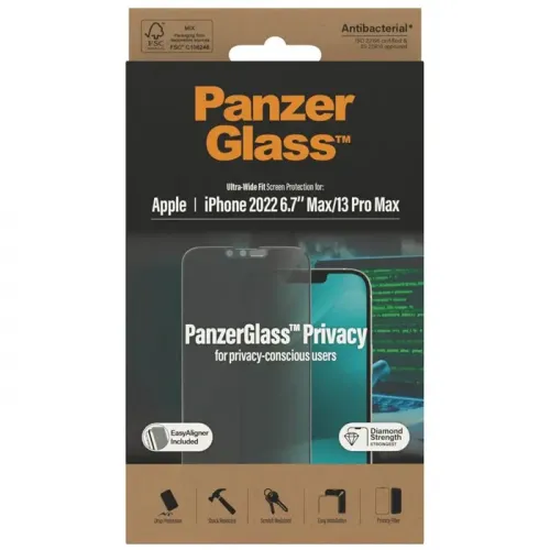 PanzerGlass iPhone 14 Max (6.7inch) Antibacterial Rimpered Glass, Ultra Wide Fit, Privacy