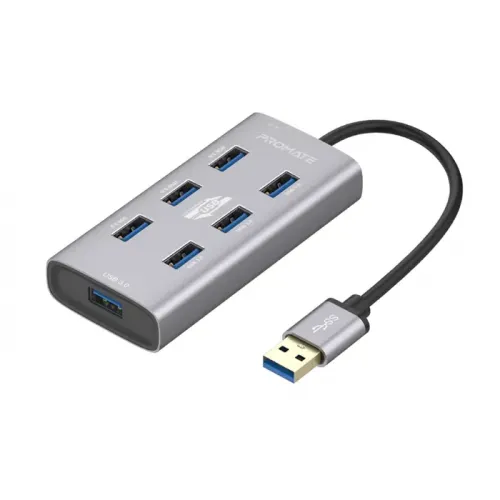 Promate EzHub-7 Aluminium Alloy Powered USB Hub, 7 USB 3.0 Ports, USB-C Adaptor