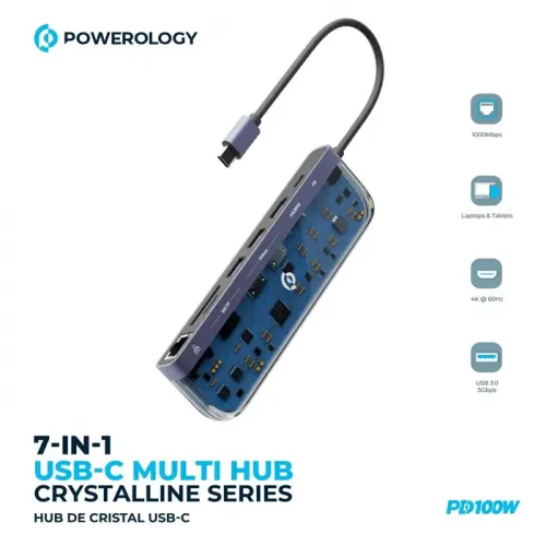 Powerology Universal 7-in-1 USB-C Multi Hub with Transparent Design