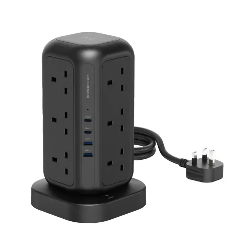 Powerology 12 Ac Sockets Gan Tower Hub - Black