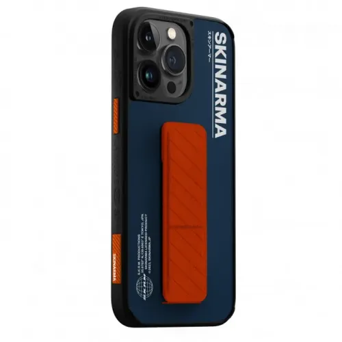 Skinarma Case For iPhone 14 Pro Max (6.7inch) - GYO With orange grip and stand - Navy Blue