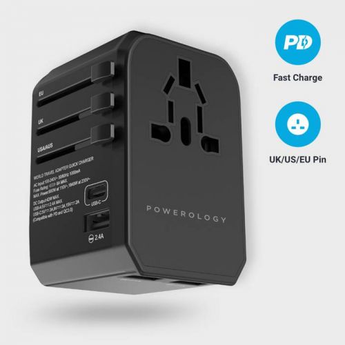 Powerology 2.4A PD 45W Universal Multi-Port Travel Charger - Black